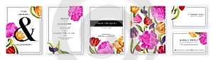 Floral wedding invitation card template design, colorful peonies and tulips flowers.