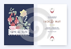 Floral wedding invitation card template design, Fuchsia icy pink flowers with leaves on dark blue with lace badge