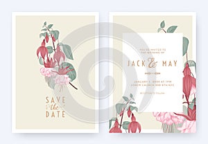 Floral wedding invitation card template design, Fuchsia icy pink flowers with leaves on light brown