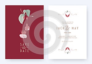 Floral wedding invitation card template design, Fuchsia icy pink flowers with leaves on red