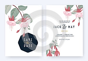 Floral wedding invitation card template design, Fuchsia icy pink flowers with leaves on white with dark blue badge