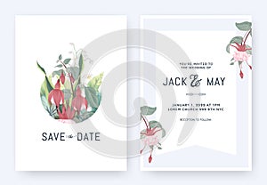 Floral wedding invitation card template design, Fuchsia icy pink flowers and tropical plants in circle on white