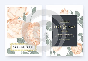 Floral wedding invitation card template design, orange rose flowers with leaves on white