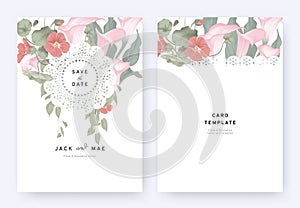 Floral wedding invitation card template design, pink calla lily, red Tropaeolum flowers and leaves with lace frame on white