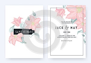Floral wedding invitation card template design, pink clematis flowers and leaves on white