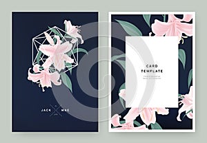 Floral wedding invitation card template design, pink lily flowers in white polygon shape on dark blue background
