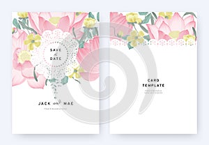 Floral wedding invitation card template design, pink lotus flowers and leaves with lace frame on white background