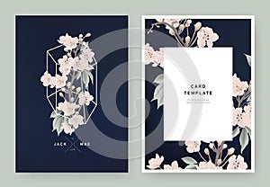 Floral wedding invitation card template design, pink sakura flowers in white polygon shape on dark blue background