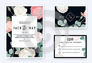 Floral wedding invitation card template design, pink and white rose flowers with leaves on dark blue