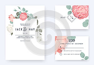 Floral wedding invitation card template design, pink and white rose flowers with leaves on white