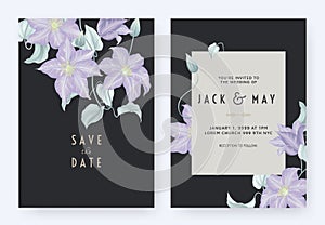 Floral wedding invitation card template design, purple clematis flowers and leaves on dark blue