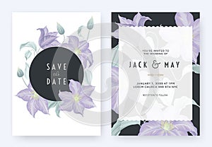 Floral wedding invitation card template design, purple clematis flowers and leaves on white with dark blue circle frame