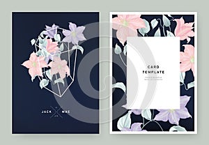 Floral wedding invitation card template design, purple and pink clematis flowers in white polygon shape on dark blue background