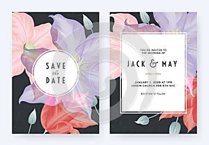 Floral wedding invitation card template design, purple, pink and red clematis flowers on dark blue with circle frame