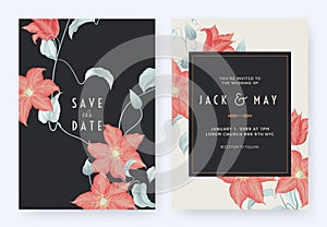 Floral wedding invitation card template design, red clematis flowers and leaves on dark blue