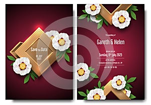 Floral wedding invitation card template design, white peony flower with leaves and gold rhomb luxury logo frame. Rhombus golden