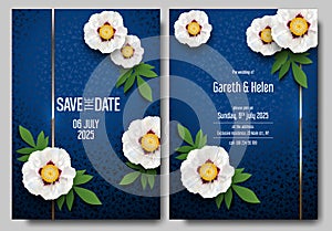 Floral wedding invitation card template design, white peony flower with leaves and golden line. Gold string, flower, green leaf on