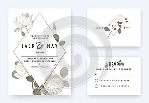 Floral wedding invitation card template design, white rose flowers with diamond frame on white