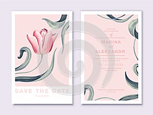 Floral wedding invitation card template with pink tulip flower and leaves on light pink background, pastel vintage style.