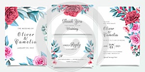 Floral wedding invitation card template set with flowers border and blue leaves. Red and peach roses illustration for save the