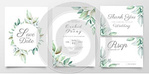 Floral wedding invitation card template set of realistic watercolor leaves. Elegant greenery save the date, invite, thank you, photo