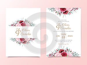 Floral wedding invitation card template set with watercolor flowers border decoration. Garden floral frame save the date,