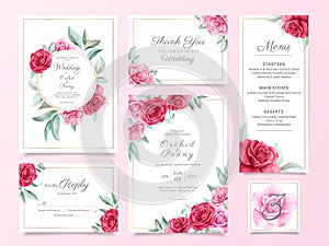 Floral wedding invitation card template suite with red and purple roses and leaves. Botanical card background bundle