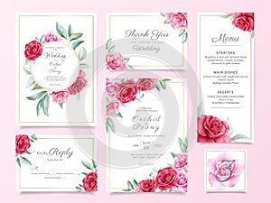 Floral wedding invitation card template suite with red and purple roses and leaves. Botanical card background bundle photo