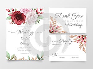 Floral wedding invitation cards template set with watercolor roses and peony flowers. Floral save the date, invite or