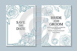 Floral wedding invitation design with blue roses.