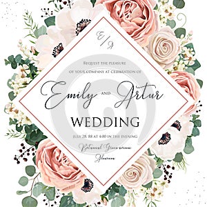 Floral Wedding Invitation elegant invite card vector design. Garden flower pink, lavender Rose, white wax dusty blush Anemone,