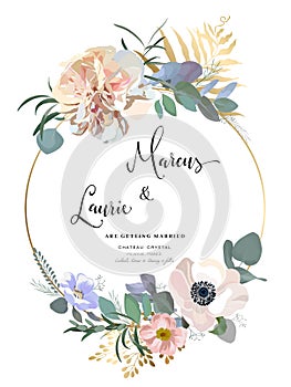 Floral Wedding Invitation. Elegant pink garden rose, peony, anemone, eucalyptus branches, leaves. Vector template