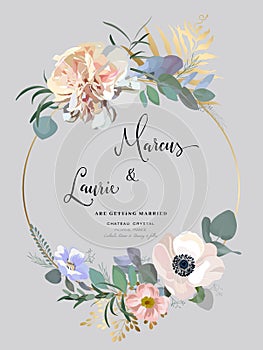 Floral Wedding Invitation. Elegant pink garden rose, peony, anemone, eucalyptus branches, leaves. Vector template