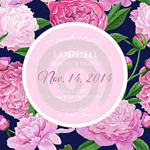 Floral Wedding Invitation. Save the Date Card with Blooming Peony Flowers. Vintage Spring Botanical Design