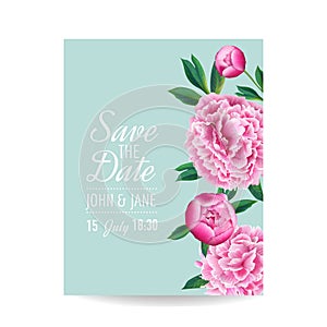 Floral Wedding Invitation. Save the Date Card with Blooming Pink Peony Flowers. Romantic Botanical Design for Party