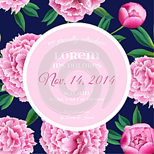 Floral Wedding Invitation. Save the Date Card with Blooming Pink Peony Flowers. Vintage Spring Botanical Design