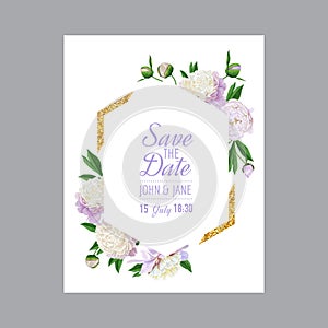 Floral Wedding Invitation. Save the Date Card with Blooming White Peonies Flowers and Golden Frame. Romantic Botanical