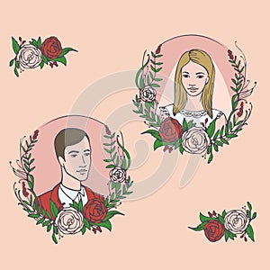 Floral wedding invitation, save the date. Flower vintage card with laurel. Bride and groom getting married