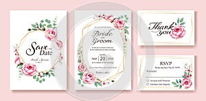 Floral wedding Invitation, save the date, thank you, rsvp card Design template. Vector. Queen of Sweden rose, silver dollar, leave