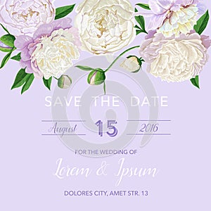 Floral Wedding Invitation Template. Save the Date Card with Blooming White Peonies. Vintage Spring Botanical Design