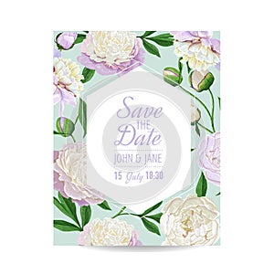 Floral Wedding Invitation Template. Save the Date Card with Blooming White Peony Flowers. Vintage Spring Botanical