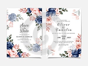 Floral wedding invitation template set with blue and brown roses flowers and leaves decoration. Botanic card design concept