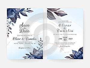 Floral wedding invitation template set with blue and brown roses flowers and leaves decoration. Botanic card design concept