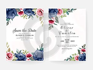 Floral wedding invitation template set with blue and brown roses flowers and leaves decoration. Botanic card design concept