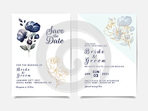 Floral wedding invitation template set with blue and brown roses flowers and leaves decoration. Botanic card design concept