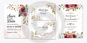 Floral wedding invitation template set with brown and burgundy roses flowers and leaves decoration. Botanic card design concept