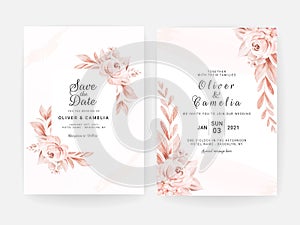 Floral wedding invitation template set with brown and peach roses flowers and leaves decoration. Botanic card design concept