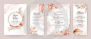 Floral wedding invitation template set with brown and peach roses flowers and leaves decoration. Foliage card design concept photo