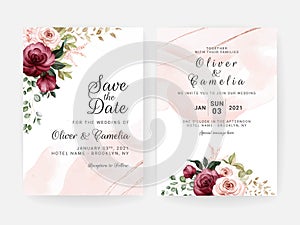 Floral wedding invitation template set with burgundy and peach roses flowers and leaves decoration. Botanic card design concept