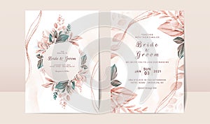 Floral wedding invitation template set with elegant brown leaves decoration. Botanic card design concept